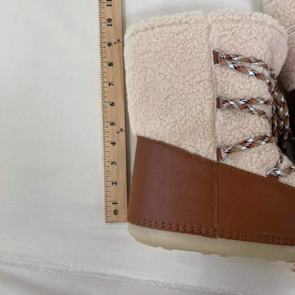 Cream & brown platform boots with brown & beige striped laces